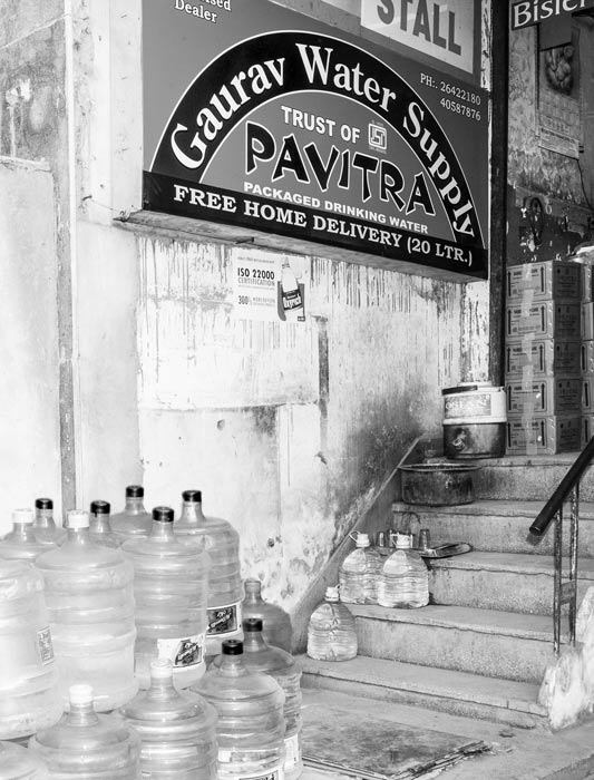 A stall selling bottled water containers of different capacities in Delhi - a booming business in a water-poor city!